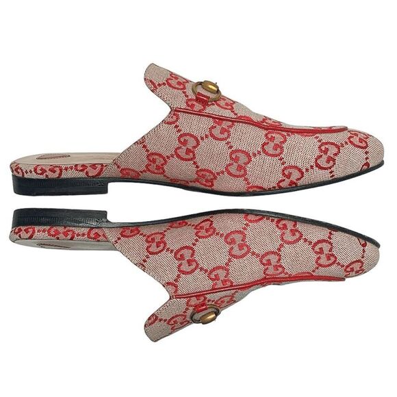 Gucci Princetown Horsebit Mule EU 37.5 US 7.5 Red GG Monogram Canvas Loafer Flat - Picture 5 of 12